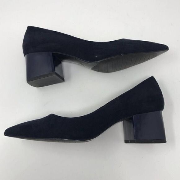 Zara TRF Navy Faux Suede Chunky Heels Size 35 - Picture 5 of 7